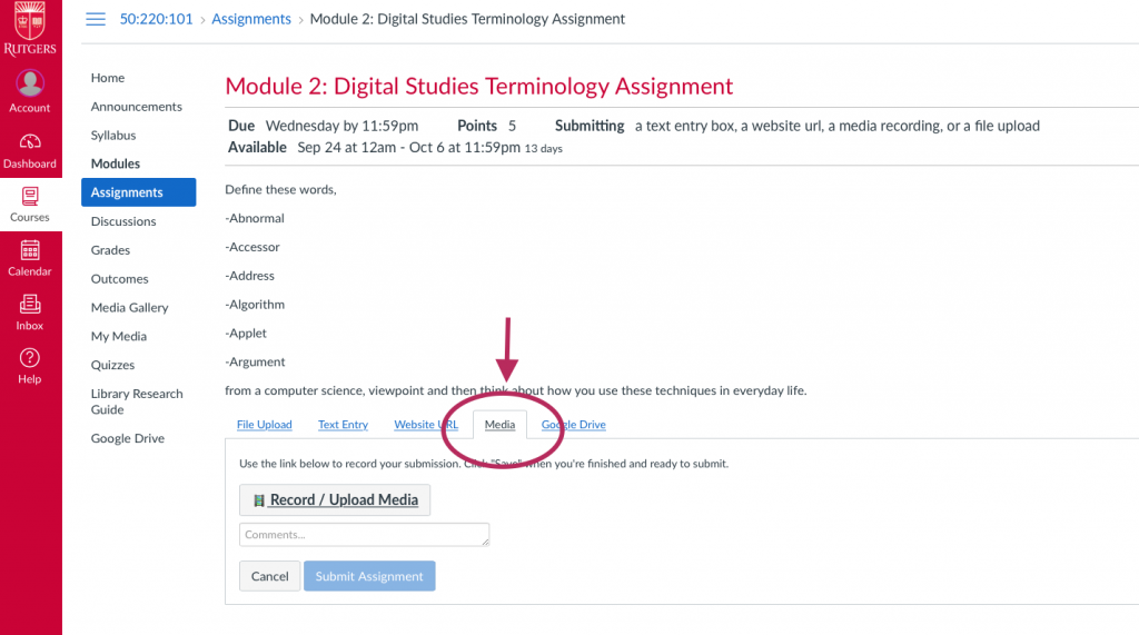 where is the submit assignment button on canvas